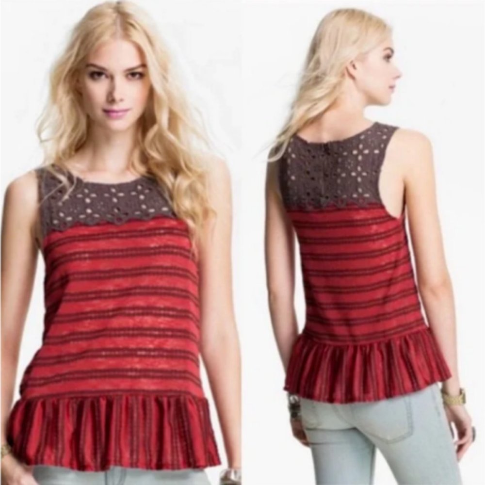 Free People Molly Retro Peplum Tank Top Eyelet Lace Striped Red Brown Size Small